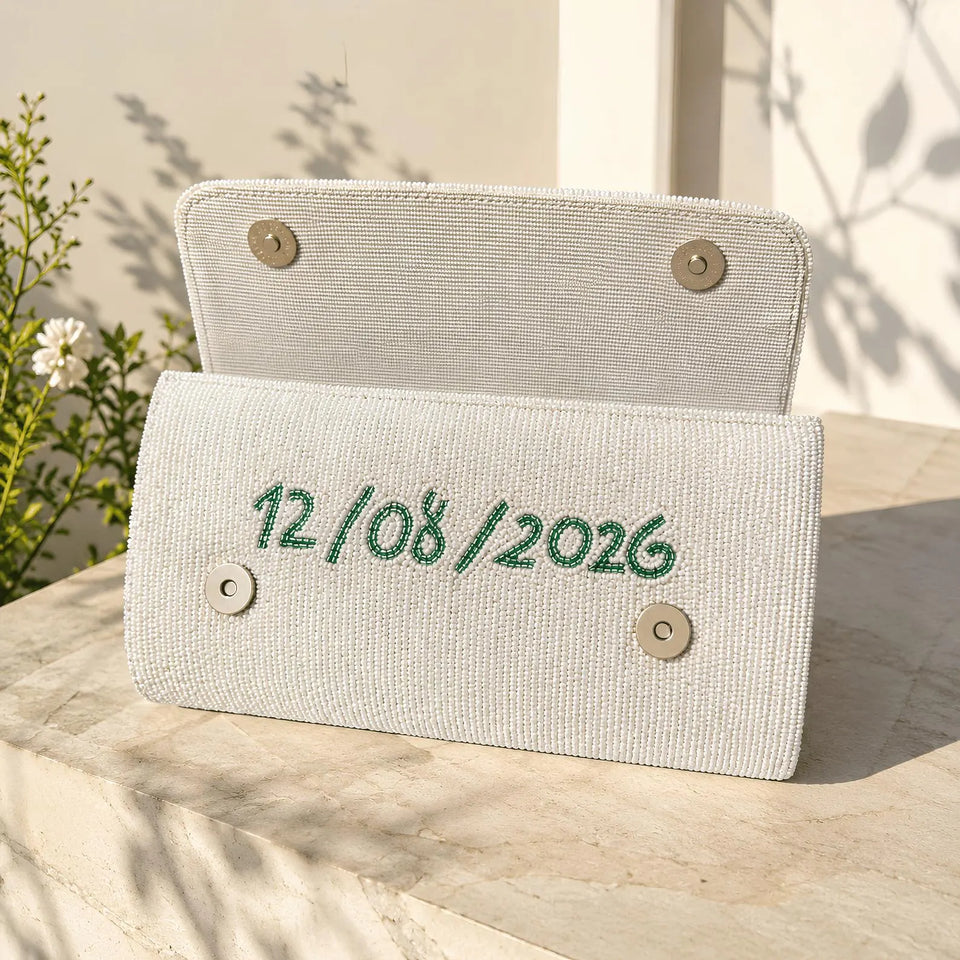 Personalized White Beaded Purse Custom Name Bridal Clutch Bag