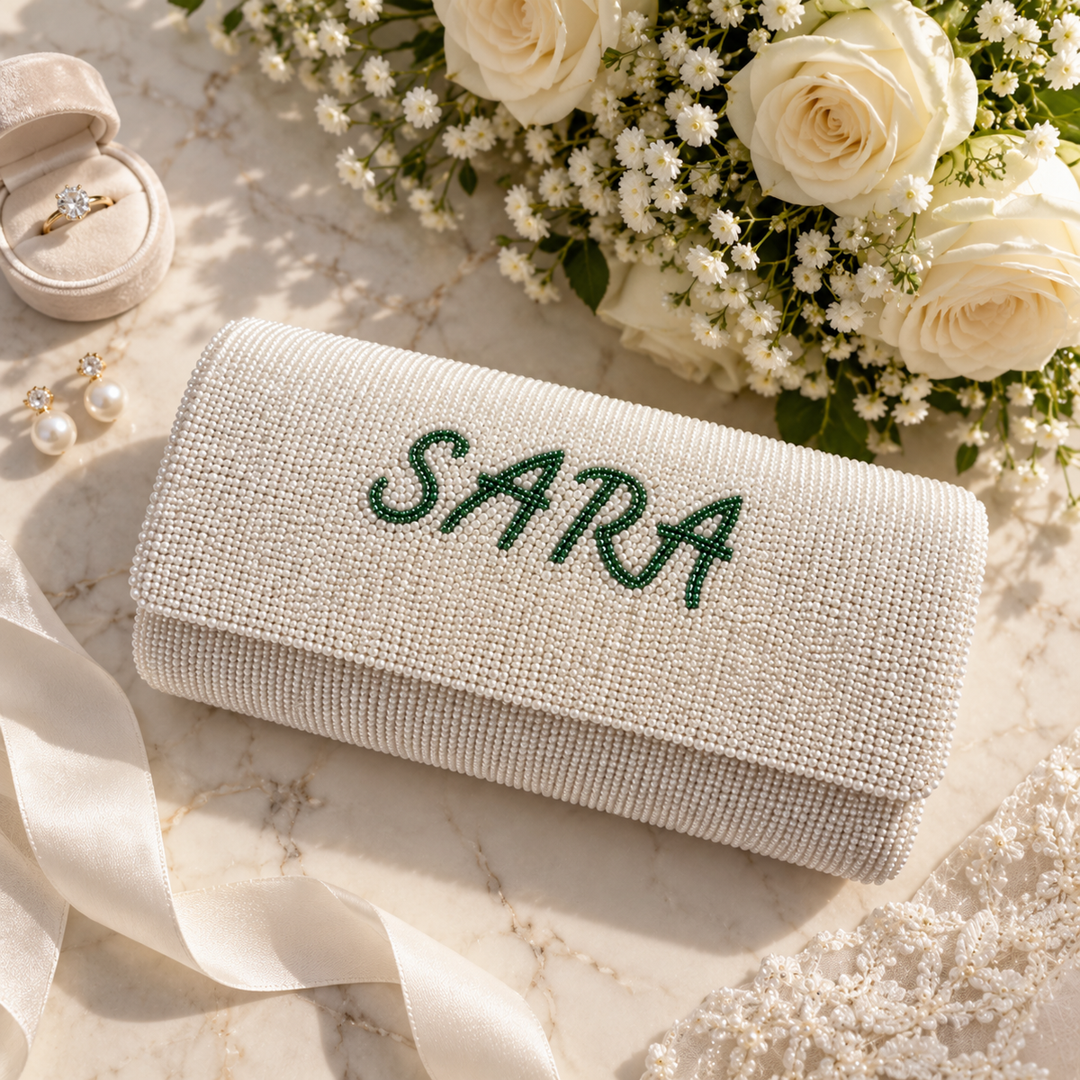 Personalized White Beaded Purse Custom Name Bridal Clutch Bag