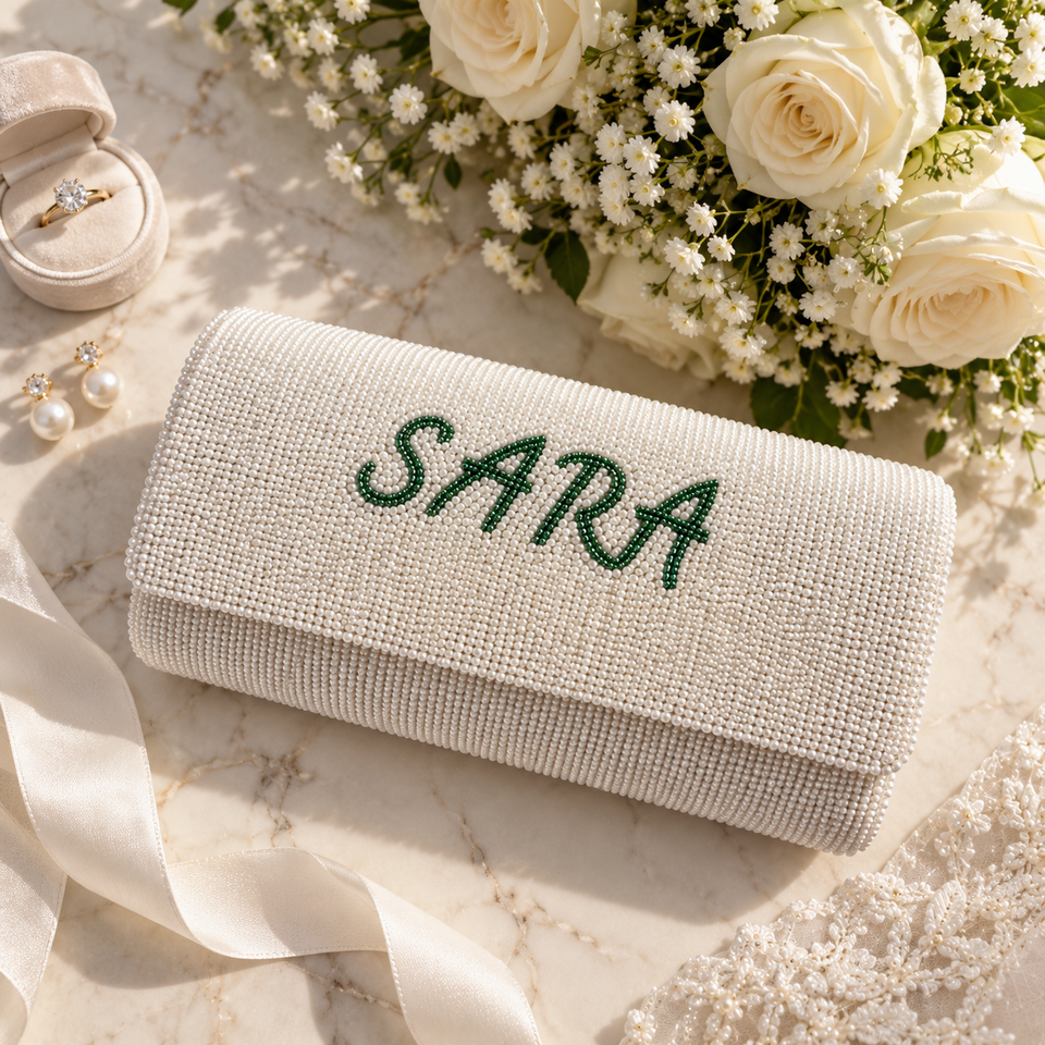 Personalized White Beaded Purse Custom Name Bridal Clutch Bag