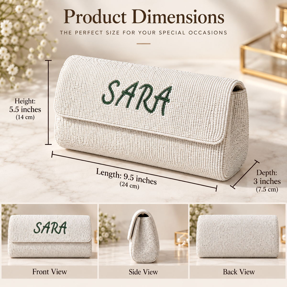 Personalized White Beaded Purse Custom Name Bridal Clutch Bag